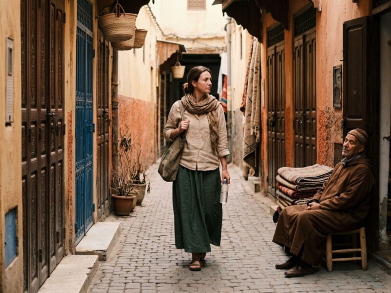 Modestly dressed female tourist walking respectfully through quiet Moroccan medina during Ramadan afternoon passing resting shopkeeper
