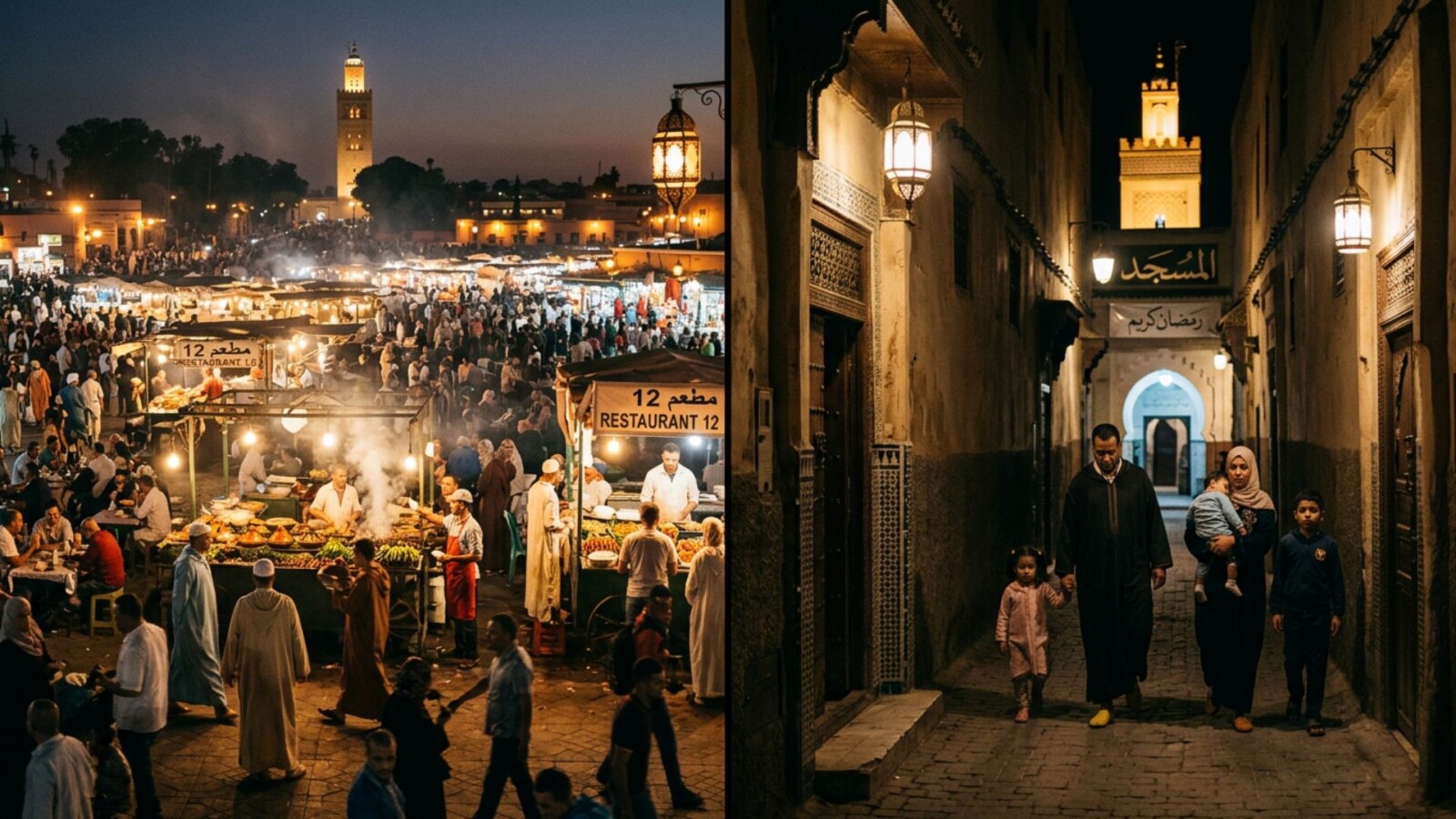 Split image comparing Ramadan evening in Marrakech Jemaa el-Fna with crowded food stalls versus quiet lantern-lit Fes medina street with family walking to mosque