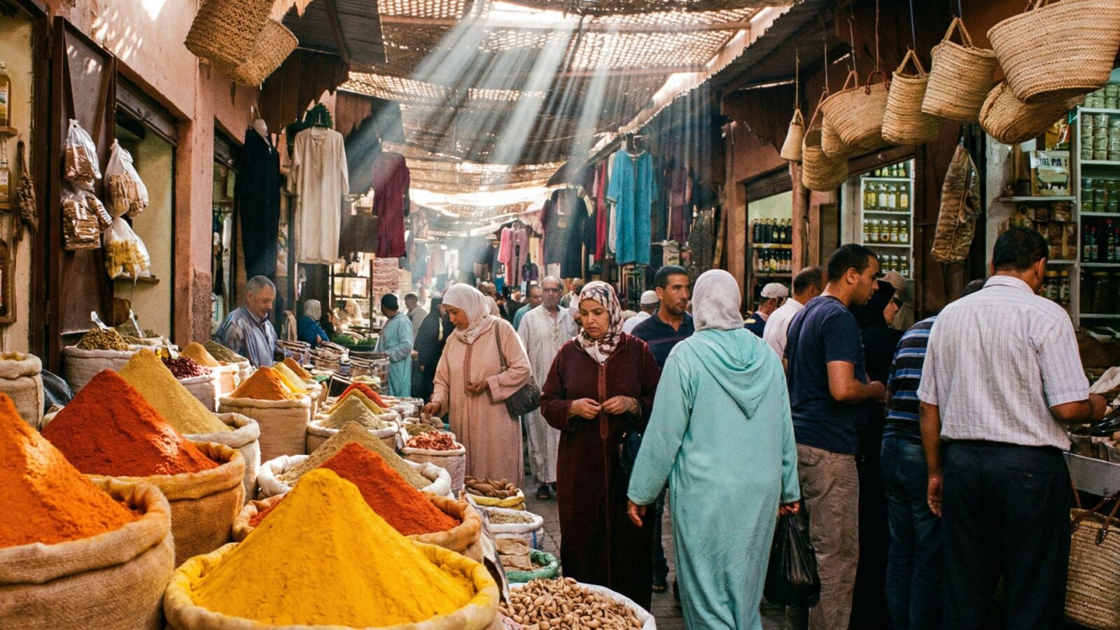 Colorful spice pyramids and busy shoppers at Souk El Had market in Agadir with natural light filtering through the covered aisles