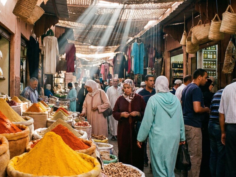 Colorful spice pyramids and busy shoppers at Souk El Had market in Agadir with natural light filtering through the covered aisles