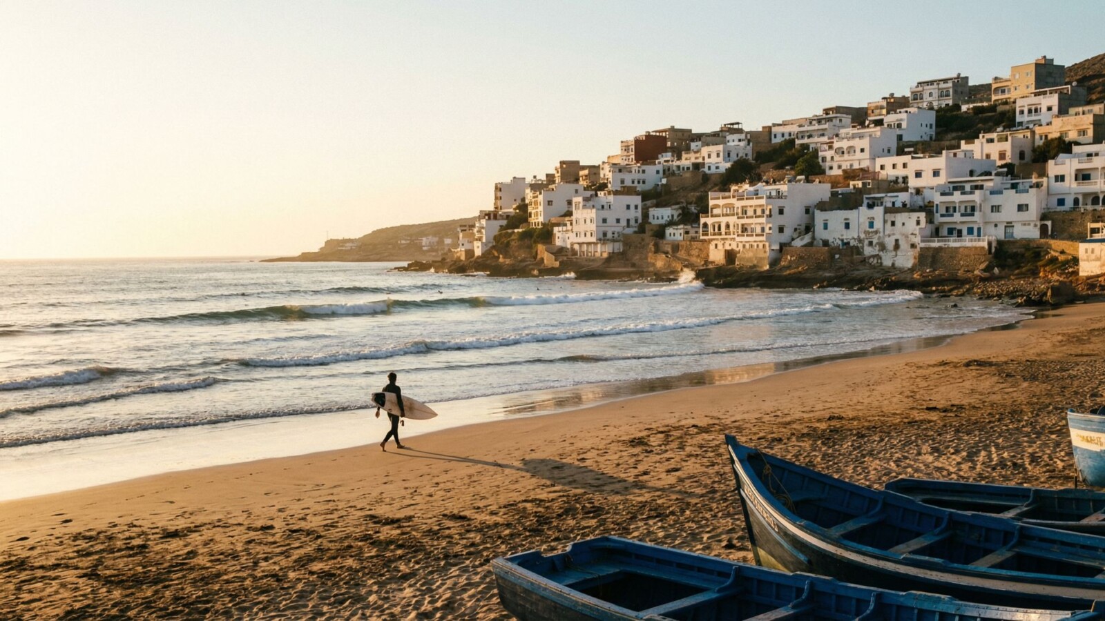 Surfer walking toward the ocean at Taghazout beach during golden hour with fishing boats on the sand and the village climbing the hillside behind