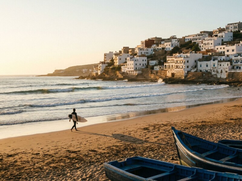 Surfer walking toward the ocean at Taghazout beach during golden hour with fishing boats on the sand and the village climbing the hillside behind