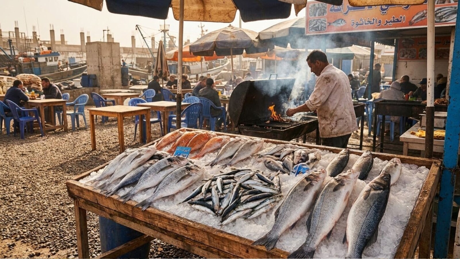 Fresh fish displayed on ice at Agadir fishing port restaurant with chef grilling seafood over charcoal in the background
