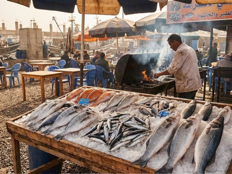Fresh fish displayed on ice at Agadir fishing port restaurant with chef grilling seafood over charcoal in the background