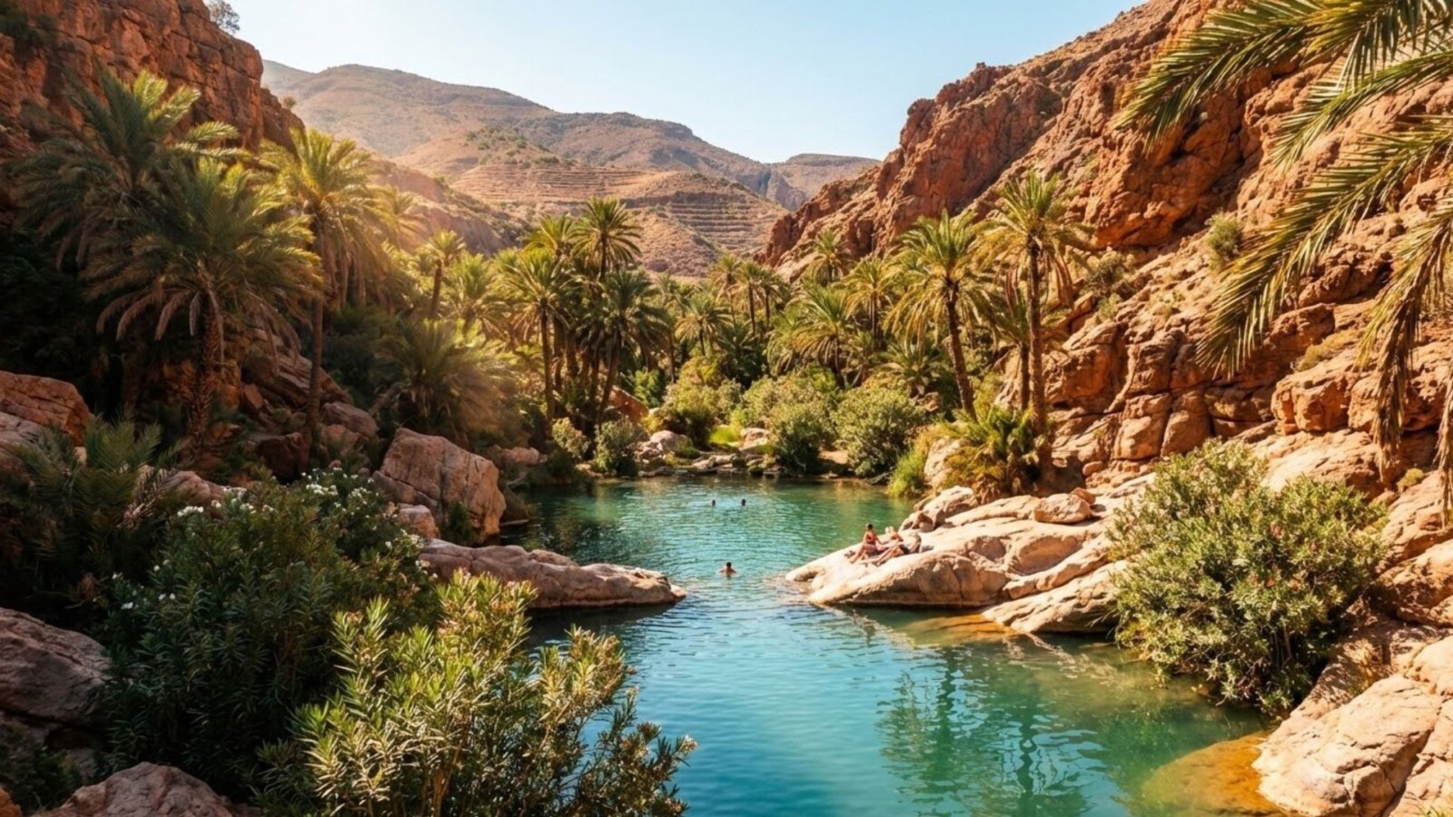 Natural swimming pool at Paradise Valley near Agadir surrounded by palm trees and red rock formations with visitors swimming in turquoise water