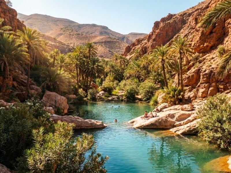 Natural swimming pool at Paradise Valley near Agadir surrounded by palm trees and red rock formations with visitors swimming in turquoise water