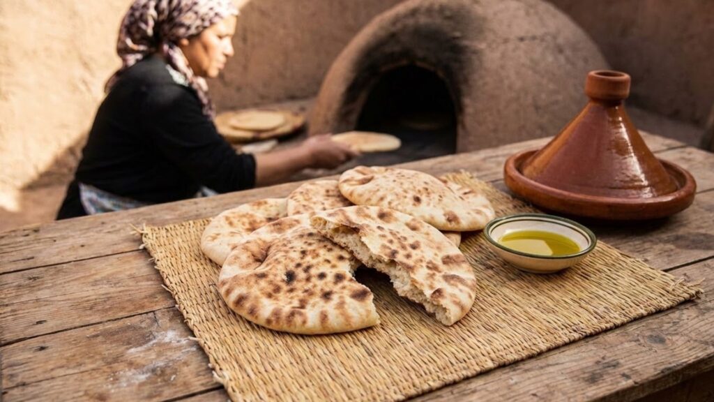 Freshly baked tafarnout Berber bread on woven mat with small bowl of argan oil and traditional clay tagine, Moroccan woman baking bread in clay oven in background