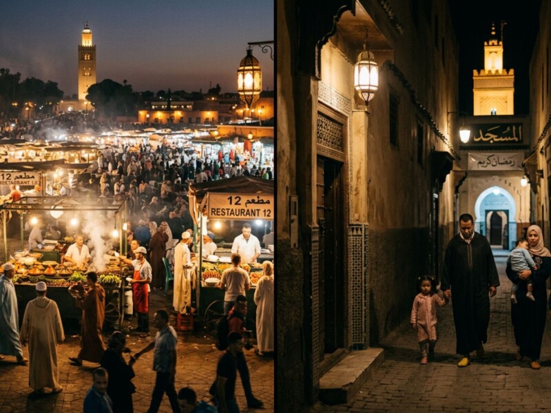 Split image comparing Ramadan evening in Marrakech Jemaa el-Fna with crowded food stalls versus quiet lantern-lit Fes medina street with family walking to mosque