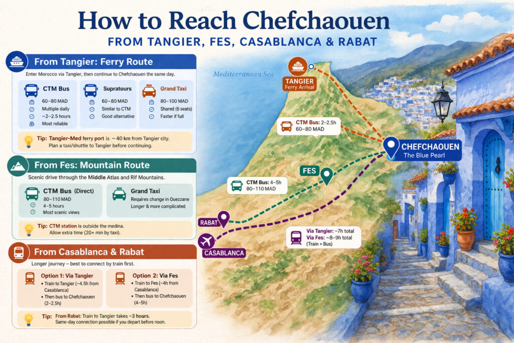 Wide travel infographic comparing the best routes to Chefchaouen from Tangier, Fes, Casablanca, and Rabat, with illustrated maps, transport options, travel times, pricing estimates, and practical tips for ferry, bus, train, and taxi connections across northern Morocco.
