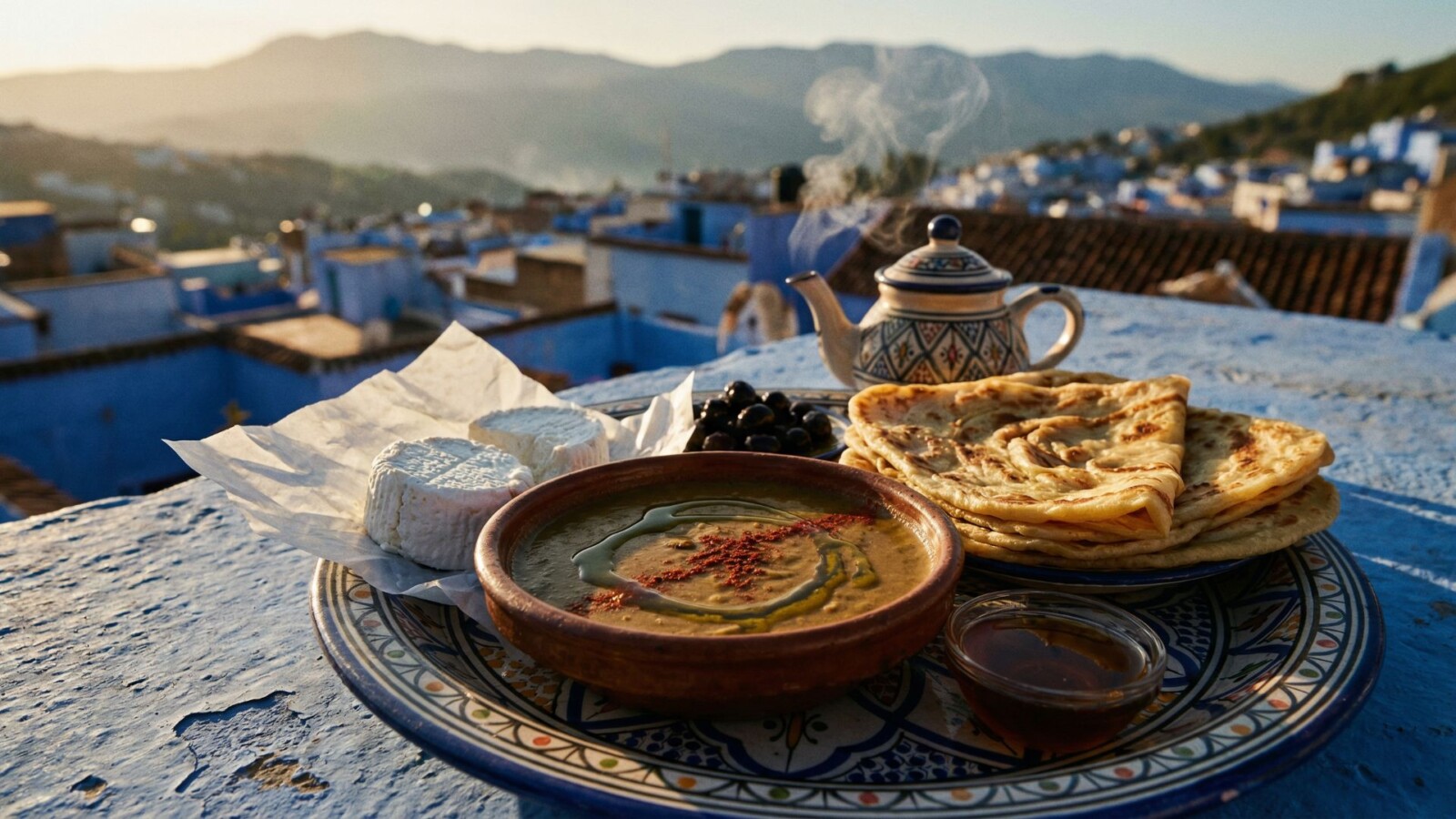Traditional Chefchaouen breakfast spread on a rooftop tray with bissara soup, fresh goat cheese, msemen flatbread, mint tea, and honey with the blue medina rooftops in the background, Morocco