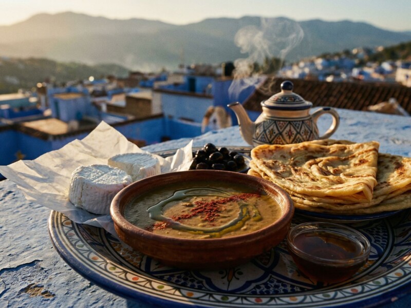 Traditional Chefchaouen breakfast spread on a rooftop tray with bissara soup, fresh goat cheese, msemen flatbread, mint tea, and honey with the blue medina rooftops in the background, Morocco