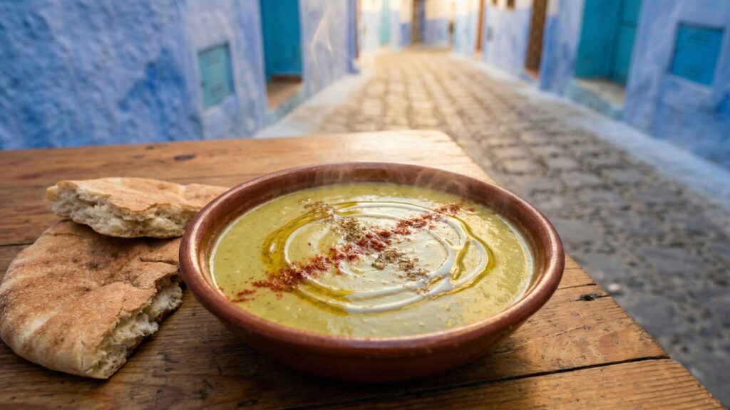 A steaming bowl of bissara fava bean soup drizzled with olive oil and paprika served with traditional Moroccan khobz bread against the blue walls of Chefchaouen medina