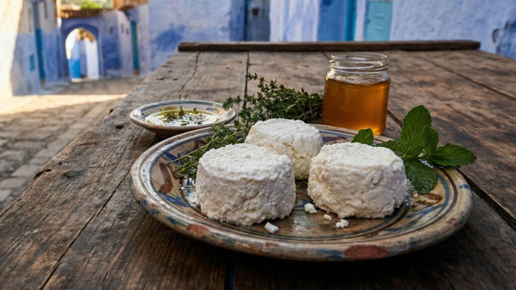 Fresh goat cheese rounds on a ceramic plate at a Chefchaouen medina market stall, with honey and olive oil, blue walls in the background.