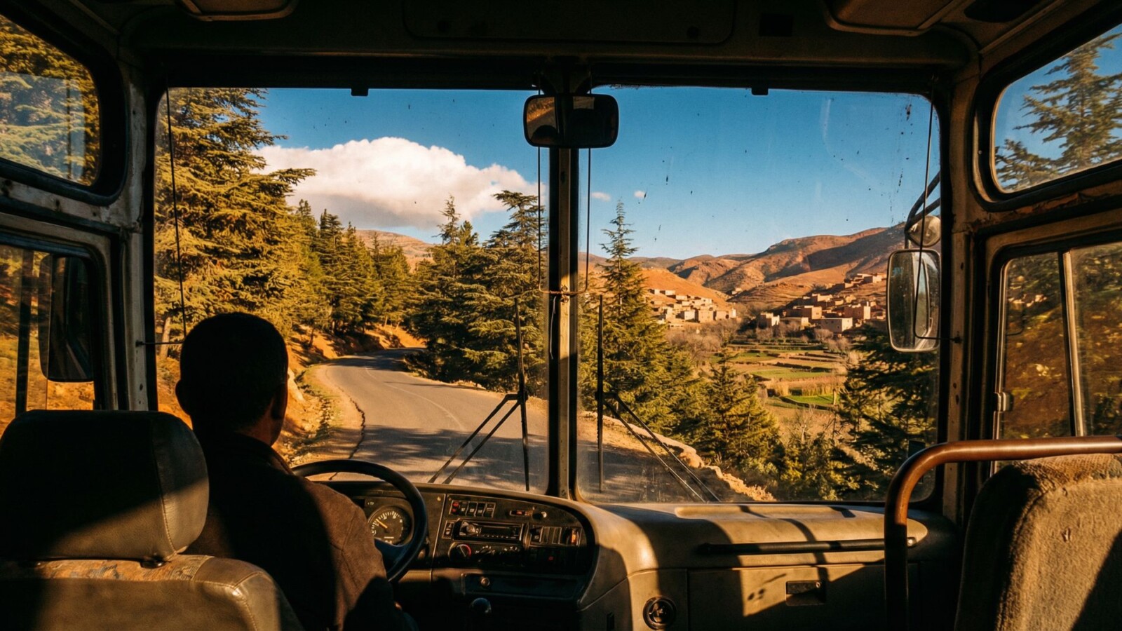 View through a bus windshield of a mountain road winding through cedar forest in the Rif Mountains on the route to Chefchaouen, Morocco