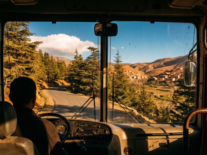 View through a bus windshield of a mountain road winding through cedar forest in the Rif Mountains on the route to Chefchaouen, Morocco