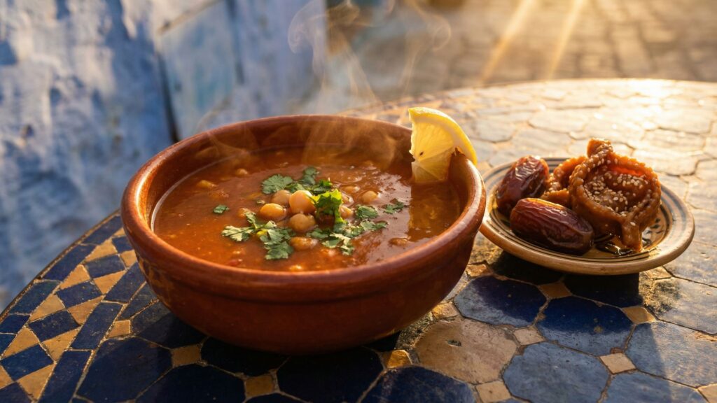 A steaming bowl of harira soup with chickpeas and coriander, served with dates and chebakia pastry on a mosaic-tiled surface in Chefchaouen.