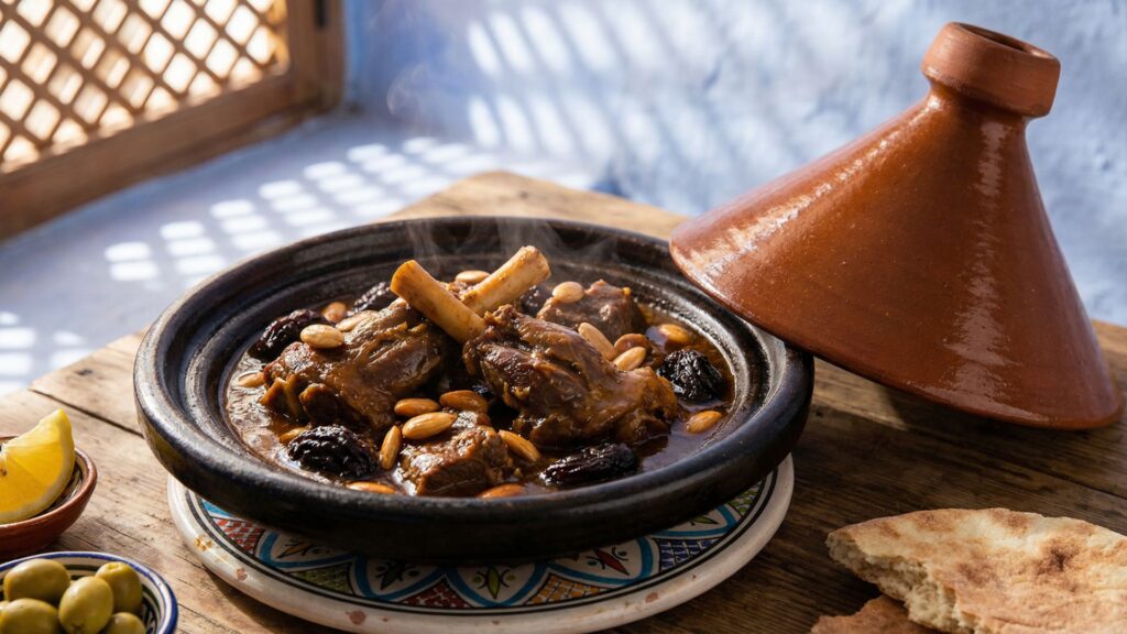 A steaming terracotta tagine of lamb with prunes and almonds, lid lifted, on a wooden table inside a Chefchaouen riad with a blue-washed wall in the background.
