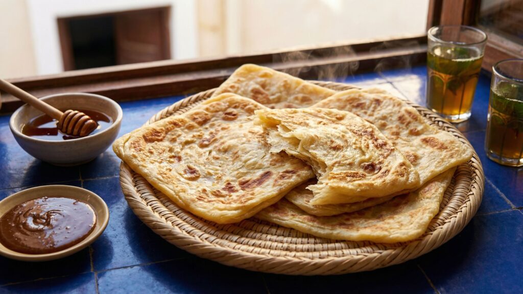Freshly made msemen and meloui flatbreads on a woven tray with honey, amlou paste, and mint tea on a blue-tiled surface in a Chefchaouen medina morning setting.