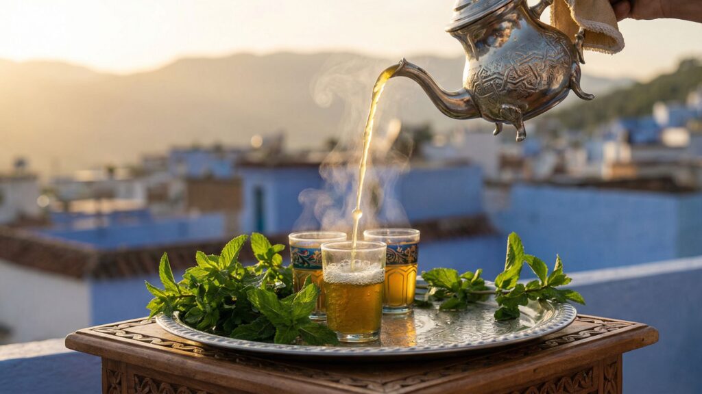 A silver Moroccan teapot pouring mint tea from height into a painted glass cup on a riad rooftop, with fresh spearmint and Chefchaouen's blue medina rooftops in the background.