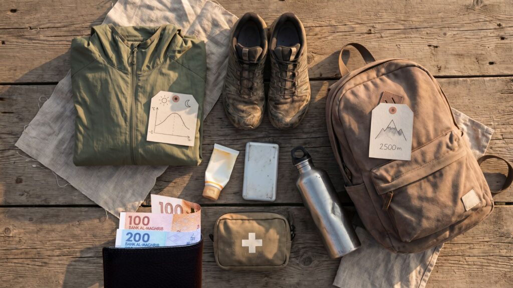Overhead flat-lay of mountain travel essentials on a weathered wooden surface, including a folded lightweight jacket, trail running shoes, a compact daypack, a metal water bottle, sunscreen, a power bank, a small first aid pouch, and Moroccan dirham banknotes, lit by warm natural side light.
