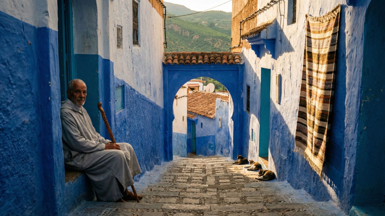 Narrow stepped blue alleyway in Chefchaouen's upper medina at golden hour with an elderly local man seated in a doorway and cats resting on the steps, Morocco