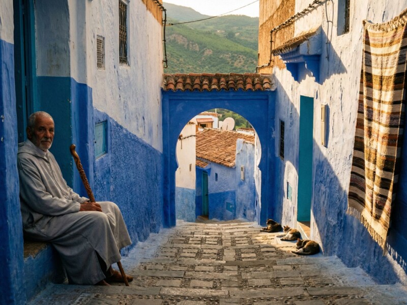 Narrow stepped blue alleyway in Chefchaouen's upper medina at golden hour with an elderly local man seated in a doorway and cats resting on the steps, Morocco