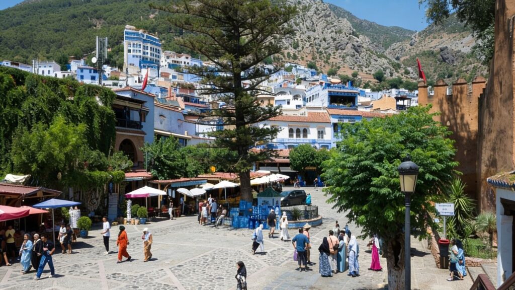 Plaza Uta el-Hammam in Chefchaouen, Morocco, with blue-and-white buildings, a central pine tree, people walking in the square, and green mountains in the background.