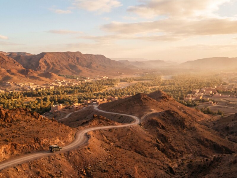 Winding High Atlas mountain road at golden hour looking south toward the Draa Valley in Morocco, with Berber villages and date palms visible in the distance below.