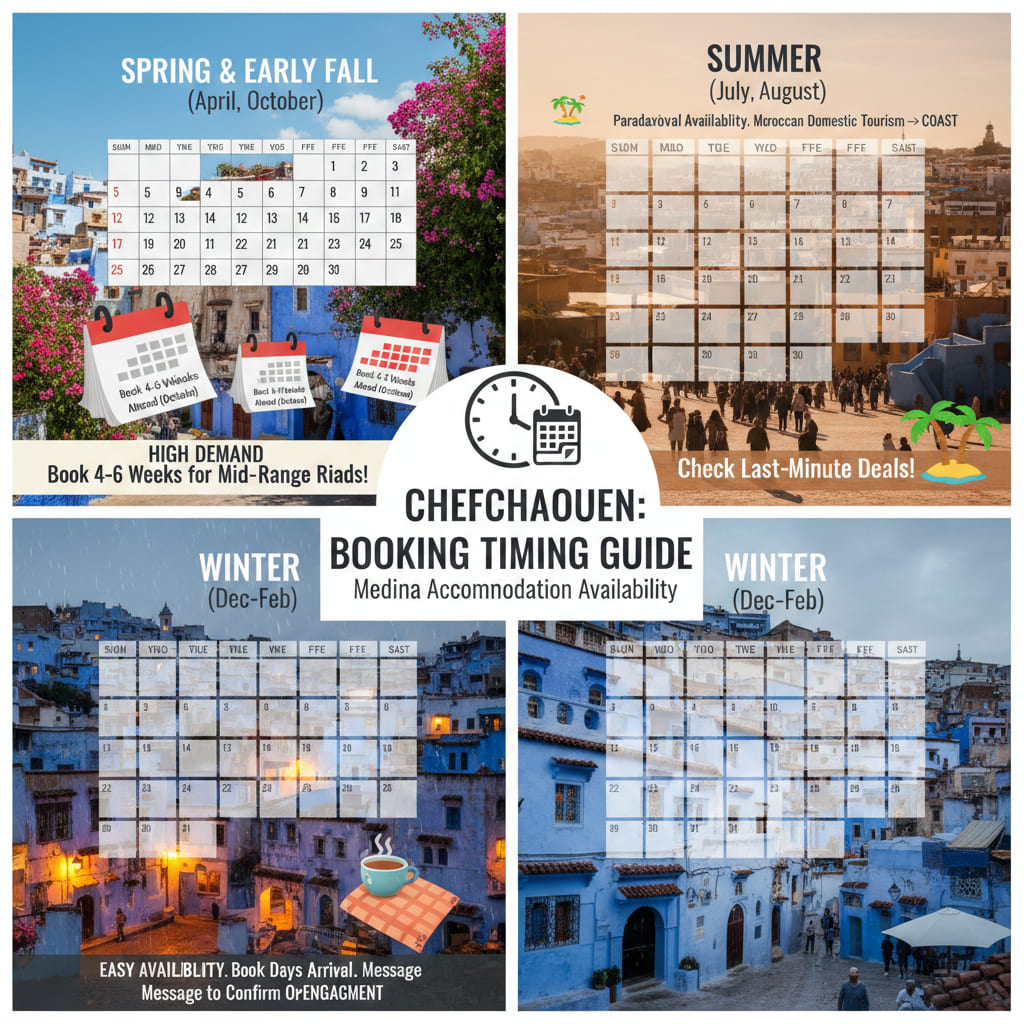 Chefchaouen booking timing guide showing the best time to reserve medina accommodation, with spring and early fall as high-demand seasons, summer and winter as easier booking windows, and a reminder to book early for popular riads.
