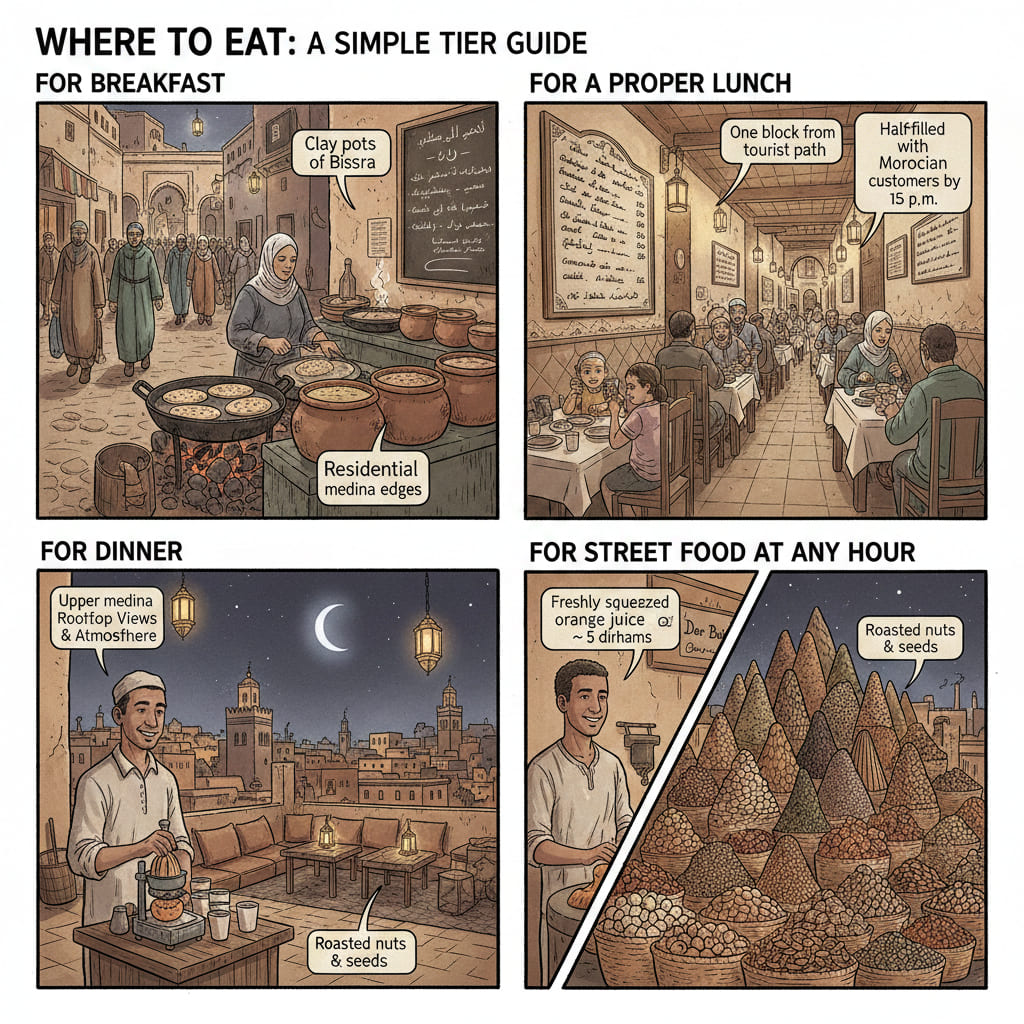 Illustrated guide to where to eat in Chefchaouen, showing breakfast in residential medina edges, proper lunch near the tourist path, rooftop dinner views, and street food with orange juice, nuts, and seeds.