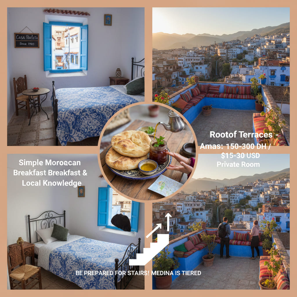 Collage of a Moroccan riad room, rooftop terrace views over a hillside city, and a traditional Moroccan breakfast, highlighting local knowledge, private rooms and the need to be ready for stairs in the medina.