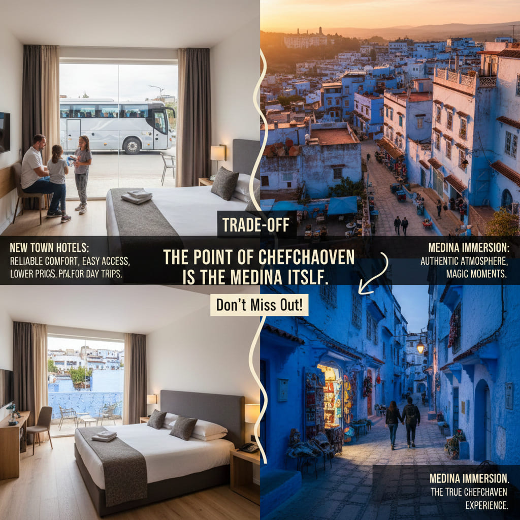 Collage comparing a comfortable new-town hotel in Chefchaouen with a scenic medina rooftop and blue alleyway, emphasizing the trade-off between easy access and full medina immersion.
