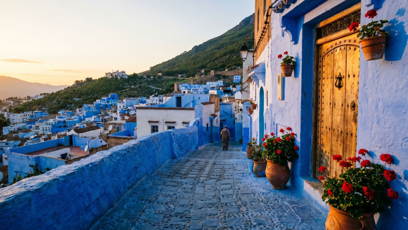 Blue-painted alleyways and rooftops of the Chefchaouen medina in the Rif Mountains of northern Morocco, seen from above in warm late afternoon light.