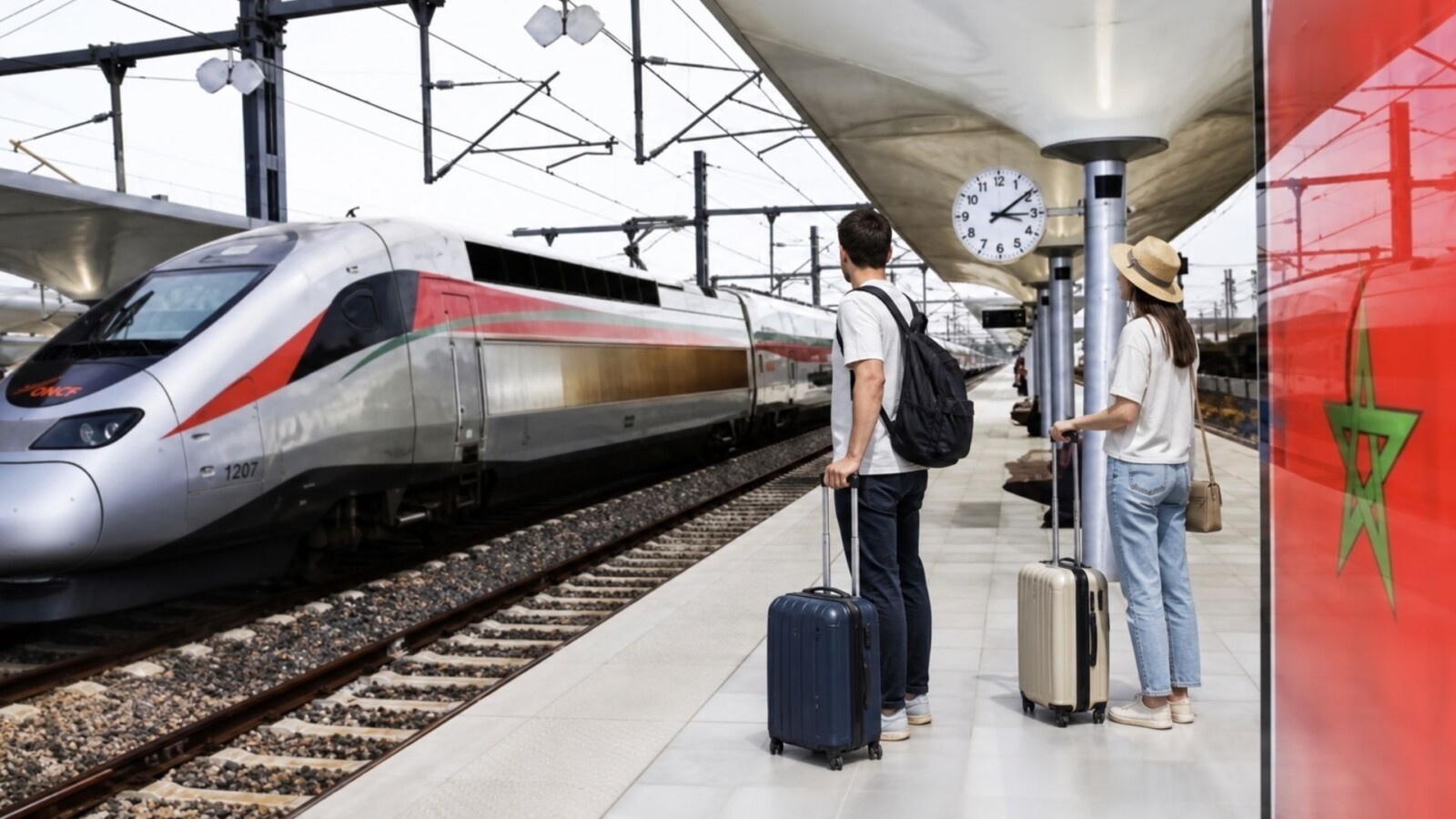 Two tourists standing on a train platform beside a modern high-speed train, each with rolling luggage, waiting for departure under a station canopy.