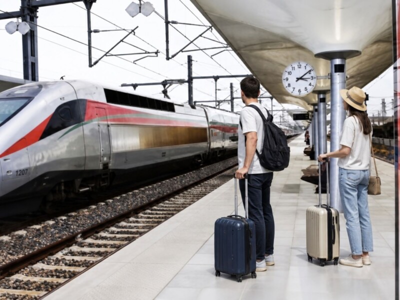 Two tourists standing on a train platform beside a modern high-speed train, each with rolling luggage, waiting for departure under a station canopy.