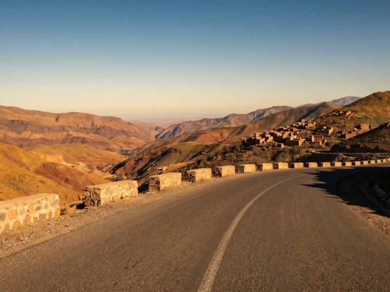 Empty mountain road winding through the High Atlas of Morocco at golden hour, with layered ochre peaks and a distant Berber village visible in the valley below.