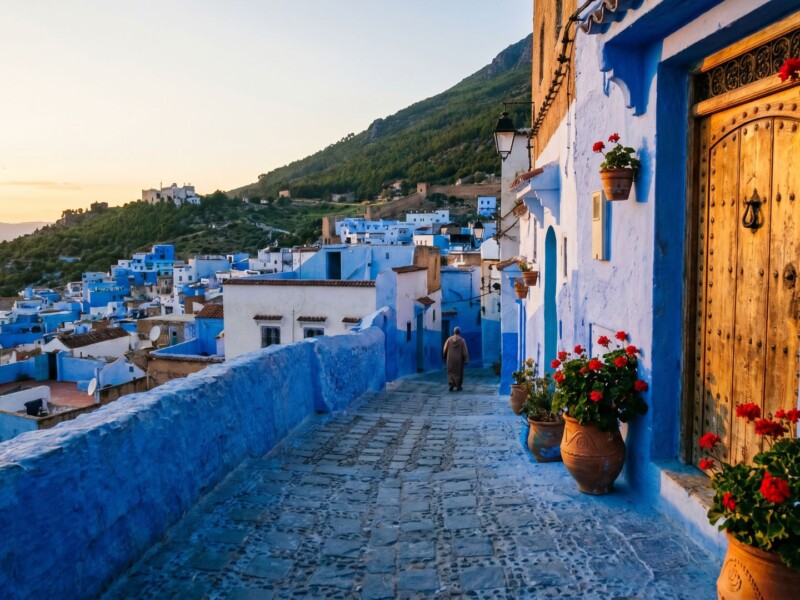 Blue-painted alleyways and rooftops of the Chefchaouen medina in the Rif Mountains of northern Morocco, seen from above in warm late afternoon light.