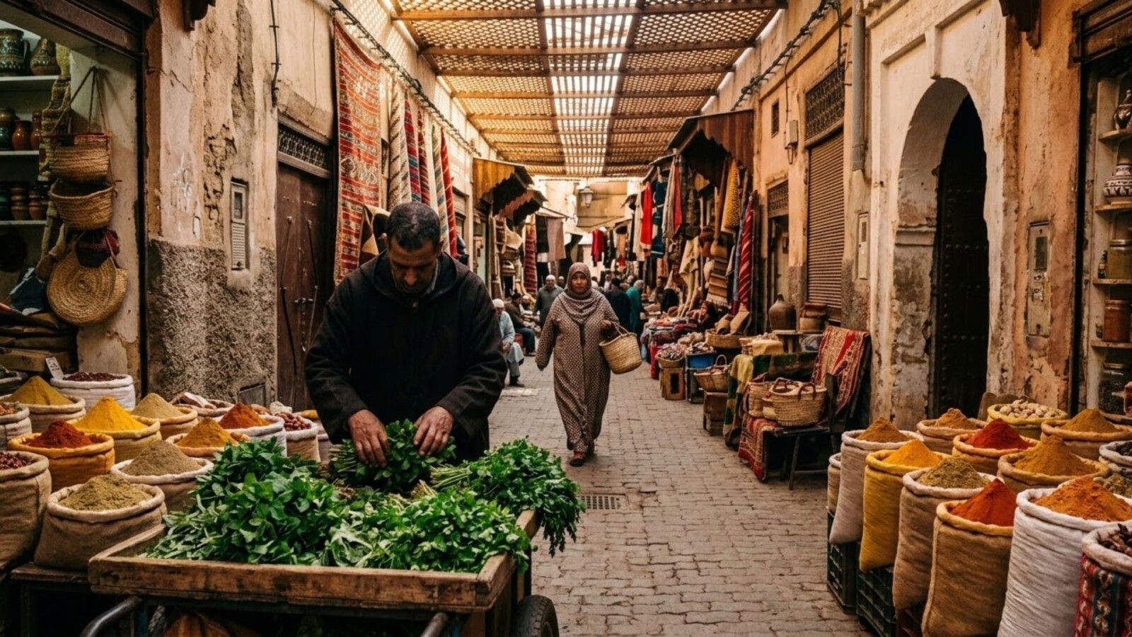 A Moroccan vendor arranges fresh mint beside colorful spice displays in an early morning medina market lane in Marrakech, with warm golden light filtering through a wooden lattice ceiling above.