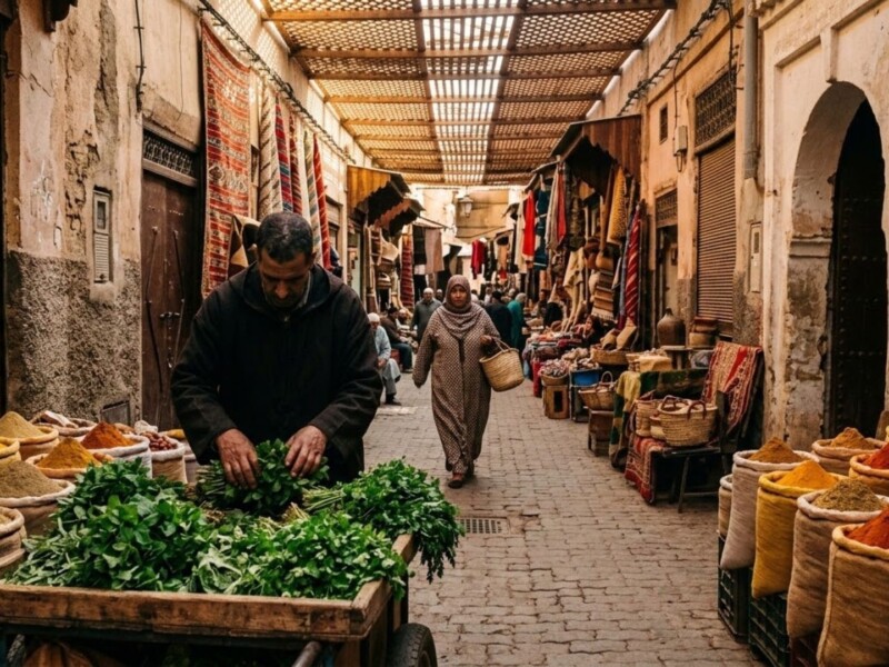 A Moroccan vendor arranges fresh mint beside colorful spice displays in an early morning medina market lane in Marrakech, with warm golden light filtering through a wooden lattice ceiling above.