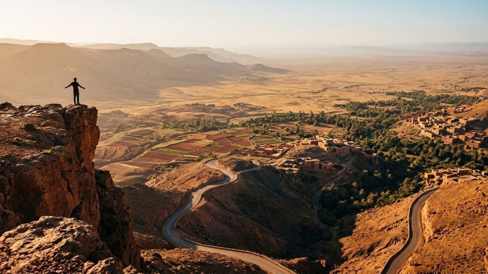 Wide-angle view from the High Atlas Mountains of Morocco at golden hour, looking south over Berber villages, palm oases, and desert plains toward the Sahara.