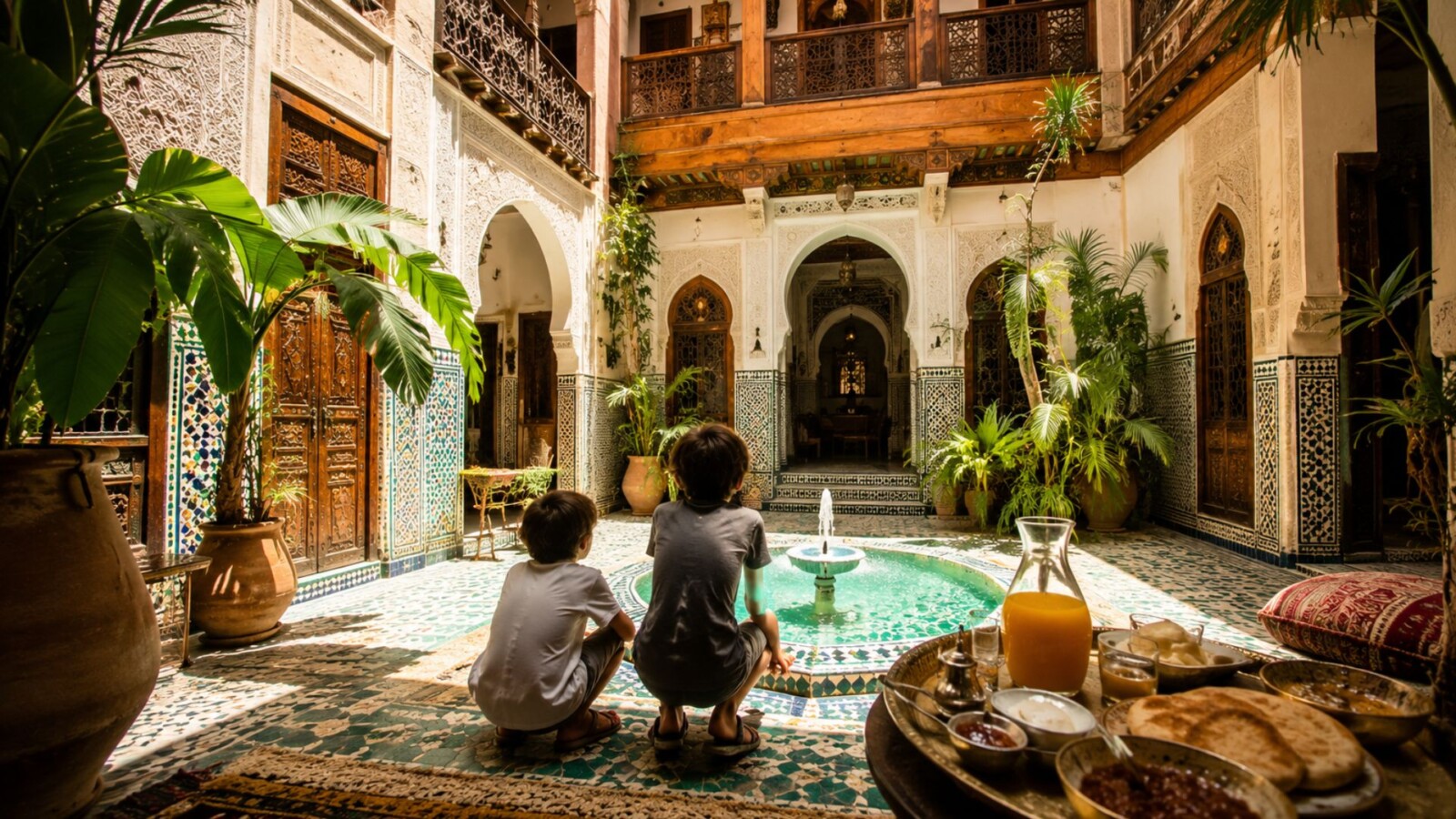 Two children crouching beside a mosaic fountain in a traditional Moroccan riad courtyard in Marrakech, with zellij tilework walls and a Moroccan breakfast spread visible in warm midday light.