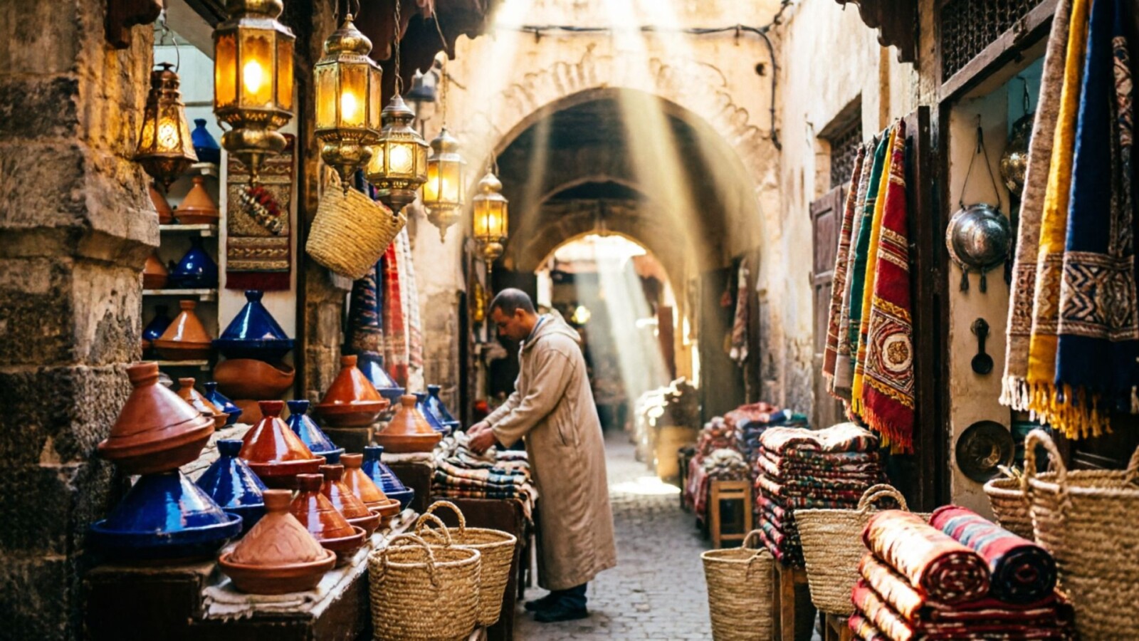 A narrow covered souk lane in the Fes medina at early morning, with shafts of light falling on hanging lanterns, stacked ceramics, and a single Moroccan vendor arranging his display in warm amber light.