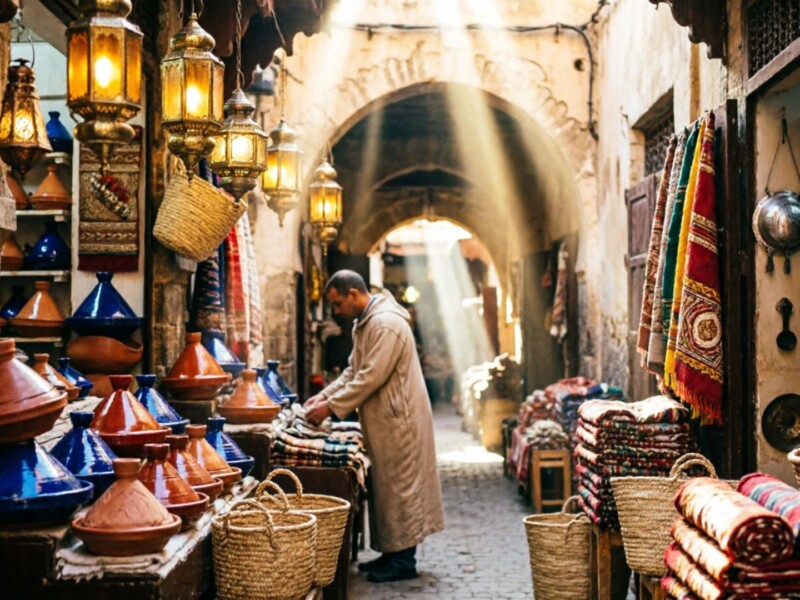 A narrow covered souk lane in the Fes medina at early morning, with shafts of light falling on hanging lanterns, stacked ceramics, and a single Moroccan vendor arranging his display in warm amber light.