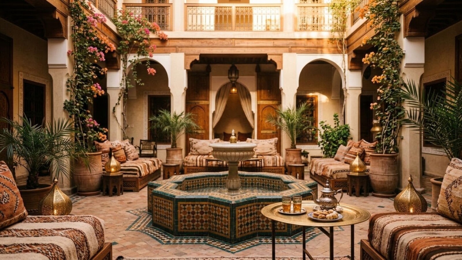 Traditional Moroccan riad courtyard with a tiled fountain, lanterns, and mint tea set out at golden hour.