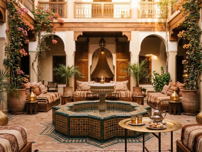 Traditional Moroccan riad courtyard with a tiled fountain, lanterns, and mint tea set out at golden hour.