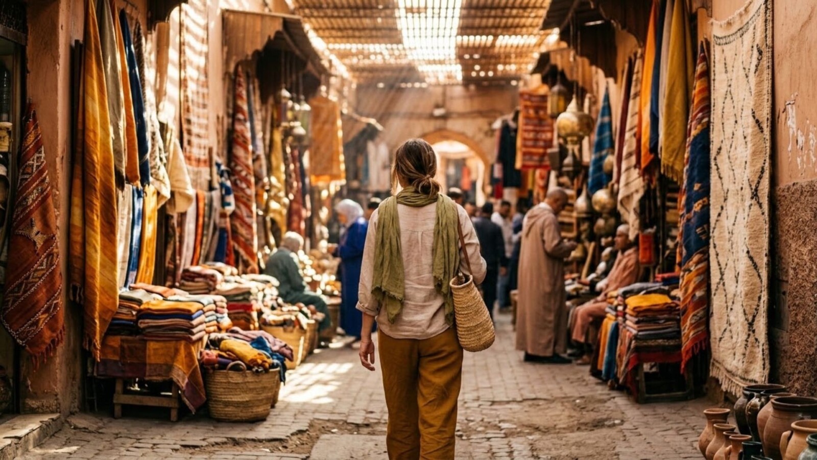 Woman in loose linen clothing and a scarf walking through a sunlit Moroccan souk lined with colorful textiles.