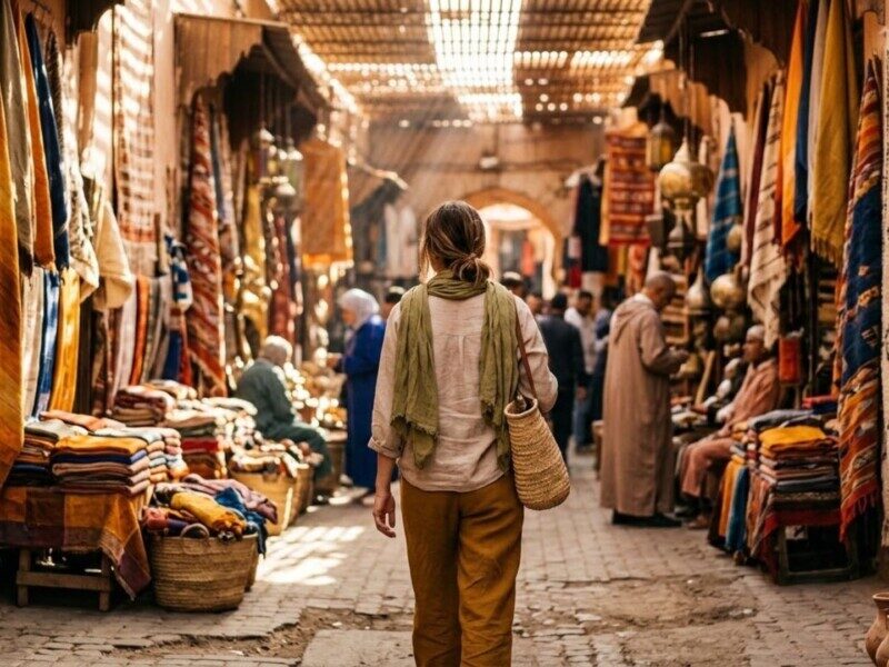Woman in loose linen clothing and a scarf walking through a sunlit Moroccan souk lined with colorful textiles.