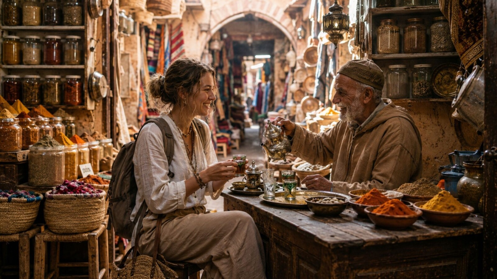 Woman traveler sharing mint tea with a Moroccan shopkeeper in a warmly lit spice shop.