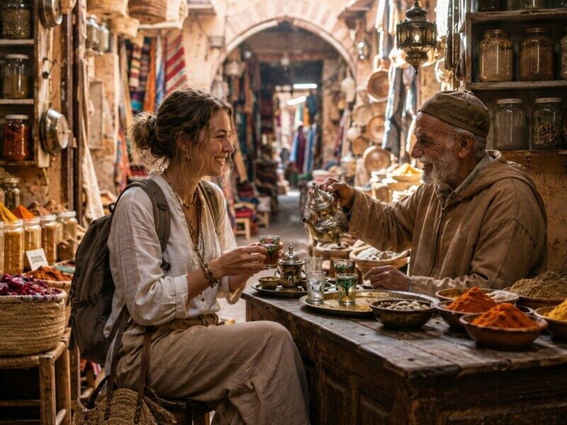 Woman traveler sharing mint tea with a Moroccan shopkeeper in a warmly lit spice shop.