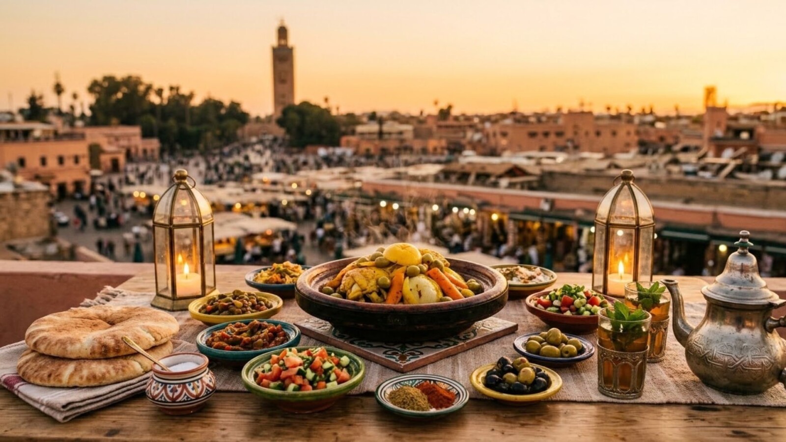 Moroccan tagine, salads, bread, and mint tea on a Marrakech rooftop terrace at sunset with the Koutoubia in the background.